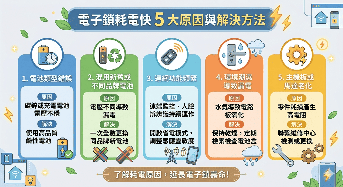 電子鎖耗電異常 5 大原因與解決方法圖表：包含電池類型錯誤、混用新舊電池、連網頻繁、環境潮濕及零件老化等分析。