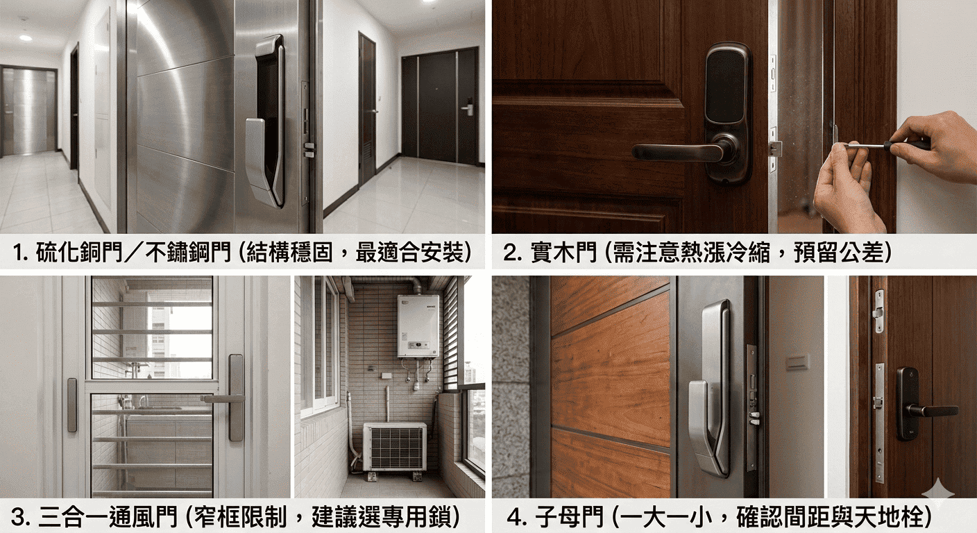 電子鎖安裝門型評估：硫化銅門、實木門、三合一通風門與子母門的安裝重點與注意事項。 